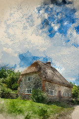 Fototapeta na wymiar Digital watercolor painting of chocolate box English country garden cottage