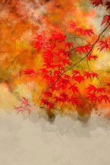 Obraz na płótnie Canvas Digital watercolor painting of Beautiful colorful vibrant red and yellow Japanese Maple trees in Autumn Fall forest woodland landscape detail in English countryside
