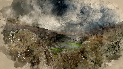 Digital watercolor painting of Winter landscape image of the view from Crimpiau and The Pinnacles towards Llynnau Mymbyr and snowcapped Snowdon in the distance