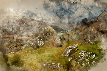 Digital watercolor painting of Winter landscape image of the view from Crimpiau and The Pinnacles towards Llynnau Mymbyr and snowcapped Snowdon in the distance