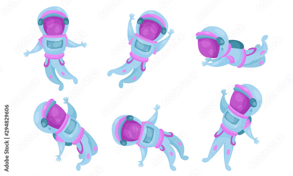 Poster the set of vector illustrations with six astronauts floating in space