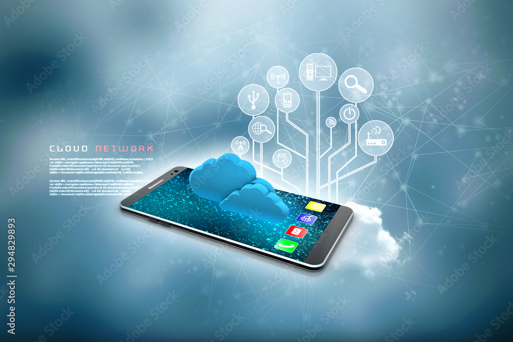 Poster 3d rendering cloud online storage icons with mobile