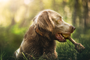 Portrait of a longhaired Weimaraner holding his toy
