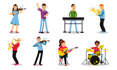 Fototapeta na wymiar Illustration Set With Musicians Playing Different Instruments Isolated On White Backround