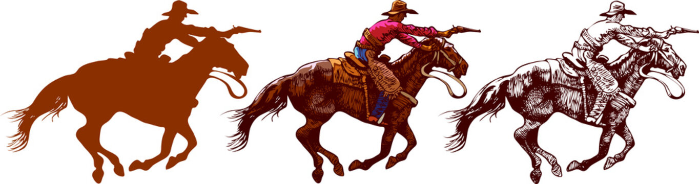 vector image of a cowboy in a hat on a horse with a lasso and a colt in the style of art graphics