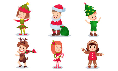 Obraz na płótnie Canvas Vector Illustration Set Of Kids In Christmas Costumes Isolated On White Background