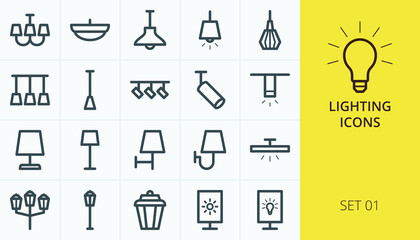 Lightning icons set. Set of loft track spots, metal pendants, wall sconce, floor lamp, torchere, lightbox, back light, ceiling chandelier, street lights isolated vector icons