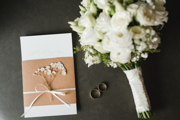 Botanic bridal chic. Bouquet with silk ribbons, female classic shoes, invitation card, wedding...