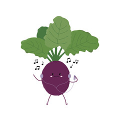 Vector illustration of an isolated cute dancing beetroot character with headphones, a happy face and musical notes. 