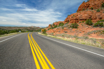 Double Yellow Line On Sedona Arizona Mountain Road.
