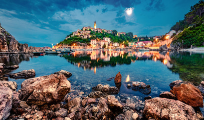 Wonderful evening cityscape of Vrbnik town. Splendid summer seascape of Adriatic sea, Krk island,...