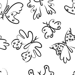 Hand drawn seamless pattern with butterfly on white background, vector illustration