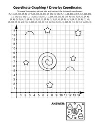 Coordinate graphing, or draw by coordinates, math worksheet with Halloween candies: To reveal the mystery picture plot and connect the dots with given coordinates. Answer included.