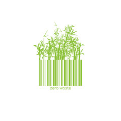Zero Waste Conceptual Logotype with Barcode Bamboo Green Plant. Vector Isolated Bar Code Logo for Plastic free Natural Shop Products. Paper or Wooden Reuse Technology