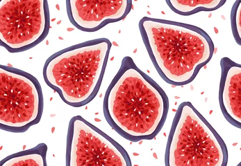  Vector naadloos patroon met verse vijgen. Exotische vruchten hand getekende achtergrond. Illustratie van gesneden rijpe vijg. © yana2607