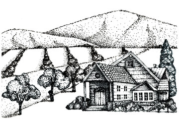 House and trees in the village, farm plantation on a background olive field, hill, southern province. Hand drawing line. Landscape with agrarian fields, mountains.