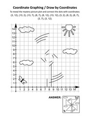 Coordinate graphing, or draw by coordinates, math worksheet with pinwheel toy: To reveal the mystery picture plot and connect the dots with given coordinates. Answer included.