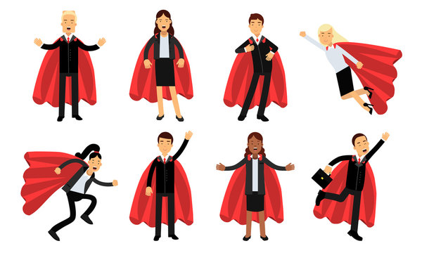 Vector Illustration Set Of Business Men And Women In Superheroe Costumes Power Concept