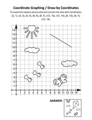 Coordinate graphing, or draw by coordinates, math worksheet with flying kite: To reveal the mystery picture plot and connect the dots with given coordinates. Answer included.