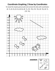 Coordinate graphing, or draw by coordinates, math worksheet with flying kite: To reveal the mystery picture plot and connect the dots with given coordinates. Answer included.