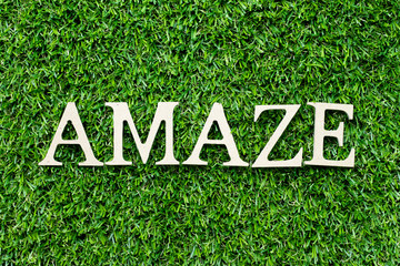 Wood alphabet letter in word amaze on green grass background