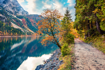 Colorful autumn scene of Vorderer/Gosausee lake. Picturesque morning view of Austrian Alps, Upper Austria, Europe. Beauty of nature concept background.