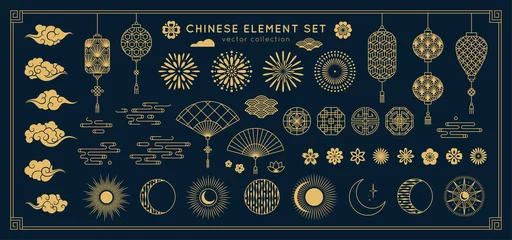 Foto op Aluminium Asian design element set. Vector decorative collection of patterns, lanterns, flowers , clouds, ornaments in chinese and japanese style. © Valedi 