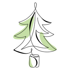 Continuous line drawing abstract Christmas tree. Modern one line art, aesthetic contour. Winter minimal style illustration for greeting cards, t-shirt prints, poster, sticker, banner. Vector - 294836297