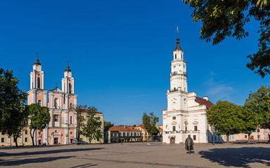 Kaunas - Jesuit church of St. Francis Xavier and the White Swan Town Hall in the center of Kaunas in Lithuania