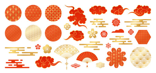 Asian design element set. Vector decorative collection of patterns, lanterns, flowers , clouds, ornaments in chinese and japanese style.