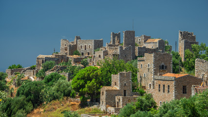 Obraz premium Vatheia, a village on the Mani Peninsula, in Greece. A major tourist attraction and an iconic example of the south Maniot vernacular architecture 