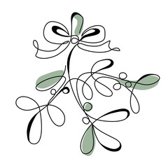 Continuous line drawing mistletoe branch with berries and gift bow. Modern one line abstract art, aesthetic contour. Christmas card, print design. Vector illustration - 294836835