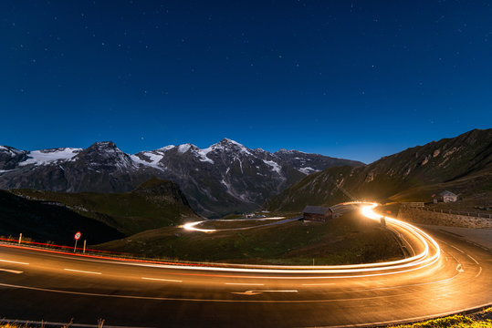 Creative Light Motion Trials at Curvy Mountain Road at Starry Night, Grossglockner,Austria