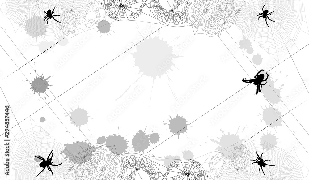 Wall mural background with spiders in grey webs and blots isolated on white