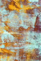 Texture painted rusted metal, colored background with iron fence. grunge green-yellow old dirty abstract Background. Oxidized Metal blue-green Copper Patina and iron oxide texture. 