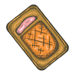 Ham sliced on a cutting board, hand drawn vector illustration, isolated vintage design element.