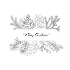 Winter frames with evergreen plant and branches.