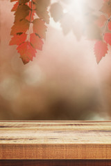 Naklejka na ściany i meble Wooden empty and blurred leaves garden autumn background.