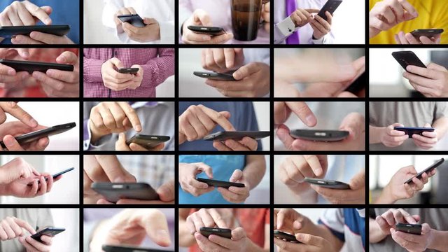 Close-up of hands holding smartphone, typing text on touch screen and using applications. A person typing message in social network and looking for information. Media wall with a lot of pictures