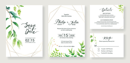 Wedding Invitation, save the date, thank you, rsvp card Design template. leaves. leaf. Vector.