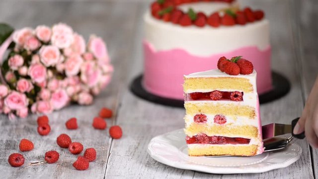 Piece of delicious summer cake with raspberry jelly.