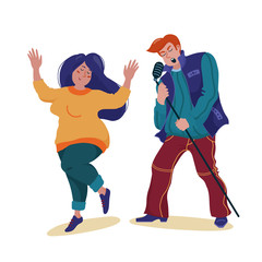 Man in sweater and vest singing into microphone like a rock music star and chubby woman dancing happily with closed eyes, flat style vector illustration isolated on white background