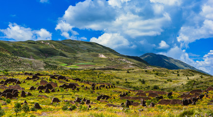 Fototapeta na wymiar Landscape. Piquillacta ruins, green meadow with beautiful mountains