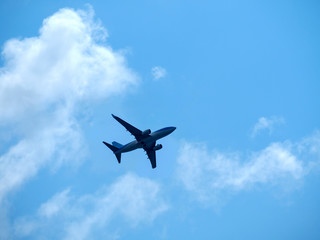 Fototapeta na wymiar Plane wing land high on blue background