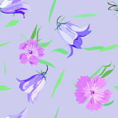 Seamless pattern. Wildflowers - pink carnations and lilac bells on a gray-blue background. Wallpaper, print for fabric, card for congratulations. Summer mood all year round.