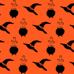Cauldron with potion and witch hat vector seamless pattern. Black silhouettes of seamless texture. Halloween. Textiles, wrapping paper, wallpaper design. Orange and black color.