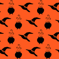Cauldron with potion and witch hat vector seamless pattern. Black silhouettes of seamless texture. Halloween. Textiles, wrapping paper, wallpaper design. Orange and black color.