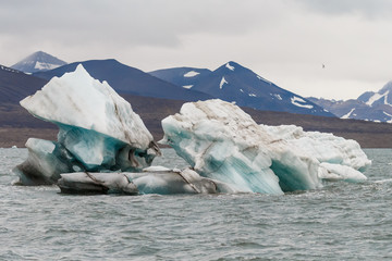 Glaciers, ice, glacier fronts morains the landscape of Spitsbergen.