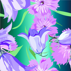 Wildflowers - carnations and bells on a green-blue background. Wallpaper, fabric, card for congratulations. Summer mood all year round. Fashionable, modern palette, modest and restrained.