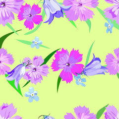 Seamless - pattern, carnations, bells, forget-me-nots. Wildflowers. Wallpaper, print.  Yellow background.